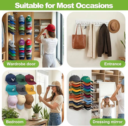 Detachable 2 Pack Hat Hook Organizer for Baseball Caps, Hat Hanger Holder for 20 Caps, Wall Hat Rack with Strong Adhesive, Multilayer Cap Storage Hooks for Closet Door and Bedroom (Style C-White)