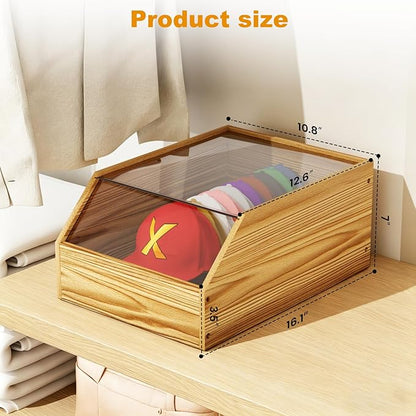 Wooden Hat Organizer Box for Baseball Caps, Hats Holder Box with Pullable Acrylic Lid Large Cap Storage for Closet Countertop (charcoal color)