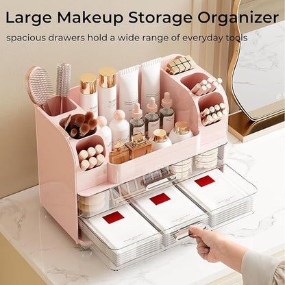 Makeup Organizer for Vanity with 2 Large Drawers, Cosmetic Display Case with Brush Holders, Easy to Storage for Bathroom Countertop Skincare, Perfume, Pink