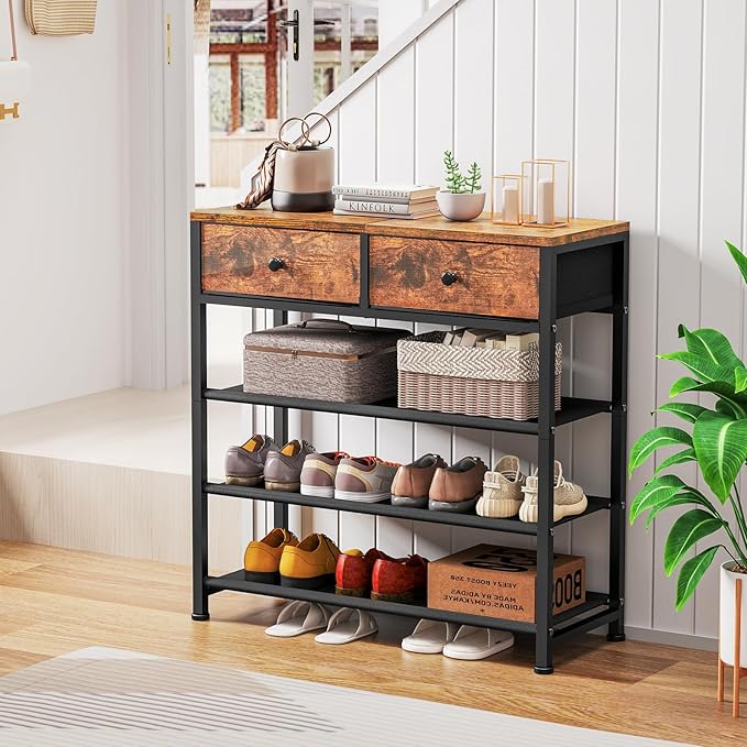 usikey Shoe Rack, 4 Tier Shoe Storage Organizer with 2 Drawers, Metal Shoe Shelf for 9-12 Pairs of Shoes, with 3 Oxford Fabric Shelves and Wooden Top, Shoe Stand for Entryway, Rustic Brown UNYXJX012F