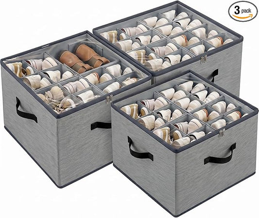 Shoe Storage Organizer 3 Pack with Clear Cover and Adjustable Dividers – Fabric Shoe Organizer for Closet Fits 24-48 Pairs, Space-Saving Shoe Organizer Box, Dustproof & Reinforced