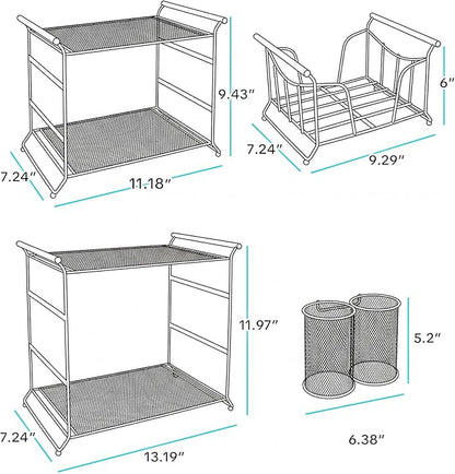 HULISEN 3-Tier Buffet Caddy, 7-Piece Set Stackable Paper Plate and Utensil Holder for Party, Detachable Mesh Silverware Organizer for Countertop, Metal Serving Station for Hosting Party Essentials
