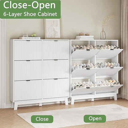 Xixini Shoe Cabinet with 6 Flip Drawers, 54" Tall Narrow Fluted Shoe Storage Organizer for Entryway, Hidden Slim Wooden Shoe Rack Cabinet for Front Door Entrance, Hallway, Living Room, Solid White