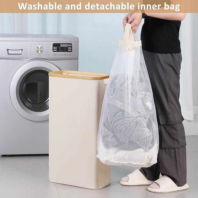 iEGrow 65L Slim Laundry Hamper, Narrow Laundry Basket with Lid,Foldable Clothes Hamper with Bamboo Handles,Hamper Basket with Removable Inner Bag for Laundry Room Bedroom College Dorm,17.17 Gals Beige