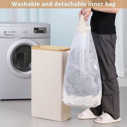 iEGrow 65L Slim Laundry Hamper, Narrow Laundry Basket with Lid,Foldable Clothes Hamper with Bamboo Handles,Hamper Basket with Removable Inner Bag for Laundry Room Bedroom College Dorm,17.17 Gals Beige