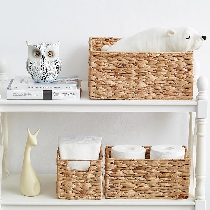 Vagusicc Wicker Basket, 3-Pack Water Hyacinth Wicker Storage Basket with Handles, Storage Baskets for Organizing, Large Hyacinth Storage Baskets for Shelves with Liner (Water Hyacinth Baskets Set)