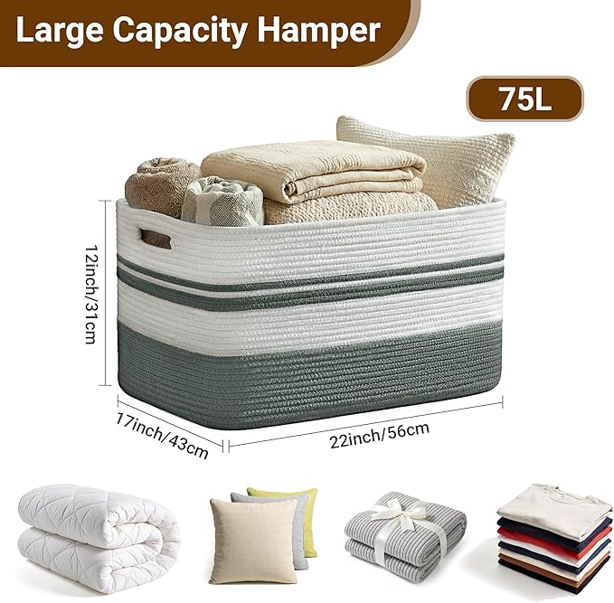 75L Large Blanket Basket, 22"x17"x12"Rectangle Cotton Rope Woven Storage Basket with Handles, Laundry Hamper for Living Room, Nursery, Bedroom - Chemical-Free, Kid & Pet Safe - Sage Green