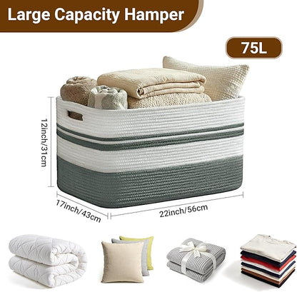 75L Large Blanket Basket, 22"x17"x12"Rectangle Cotton Rope Woven Storage Basket with Handles, Laundry Hamper for Living Room, Nursery, Bedroom - Chemical-Free, Kid & Pet Safe - Sage Green