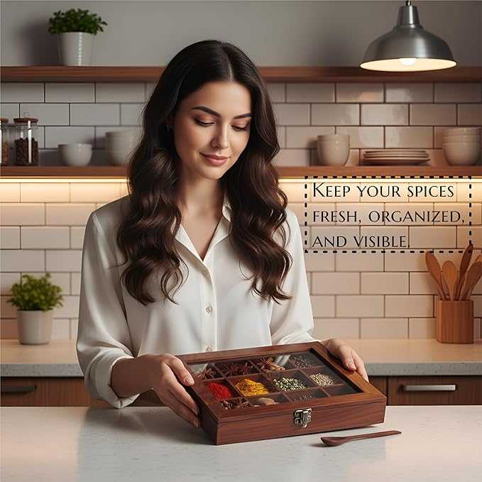 Wooden Spice Box, Masala Container, Condiments Storage Case for Kitchen, Multipurpose Decorative Box - Indian Rosewood Crafted