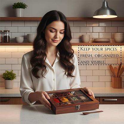 Wooden Spice Box, Masala Container, Condiments Storage Case for Kitchen, Multipurpose Decorative Box - Indian Rosewood Crafted