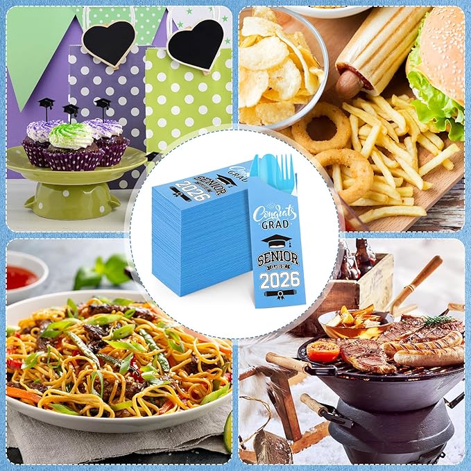 Funnymoom 400 Pcs 2026 Graduation Wrapped Silverware Bags Holder - Disposable Dinnerware Set Includes Plastic Spoons Knives and Forks, Class of 2026 Parties School Congrats Supplies(Blue)