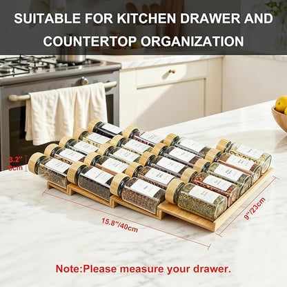 Spice Drawer Organizer with 20 Bamboo-lidded Spice Jars,216 Labels,25 Non-slip Rubber, Bamboo 4 Tier Seasoning Rack Tray Insert for Kitchen Drawers,Cabinets,Countertop,9" Wide x 15.8" Deep