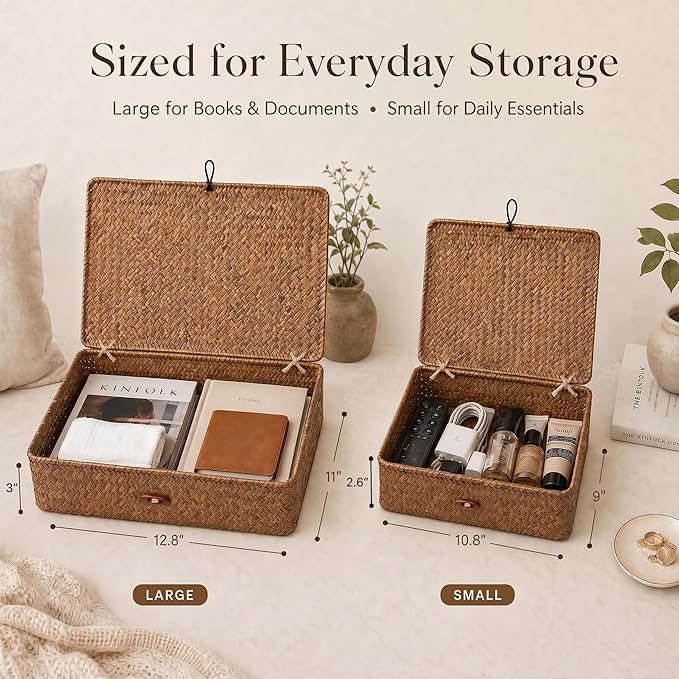 YANGQIHOME Set of 2 Seagrass Baskets with Lids, Rectangular Woven Storage Baskets, Natural Wicker Basket Boxes for Coffee Table, Shelf, Bathroom Counter & Closet Decor (Coffee, Set of 2)