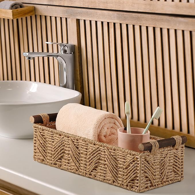 Bathroom Baskets for Organizing with Handle Decorative Basket for Bathroom Countertop Storage Toilet Paper Storage Basket for Toilet Tank Top Small Baskets Set,Cream