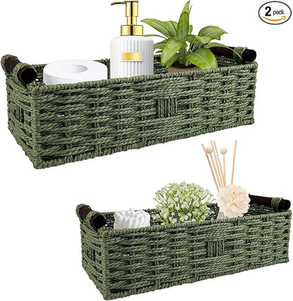 Green Toilet Basket Tank Topper for Bathroom Organizers & Storage, Paper Rope Imitation Wicker Toilet Paper Holder Basket with Handles for Desk, Countertop, Boho Coastal Bathroom Decor 2 PCS