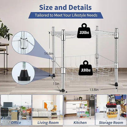 YSSOA 2-Tier Shelving Unit, 15" W x 13.8" D x 15" H Wire Metal Stackable Storage with Basket, Chrome, 2 Pack