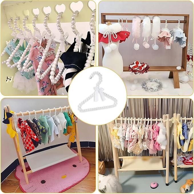 Adorila 5 Pack Pearl Hanger Kids, Small Pearl Beads Bow Clothes Hangers, Elegant Standard Hangers for Children Pet Dog (White)