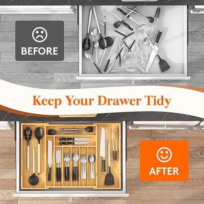 Lifewit Silverware Drawer Organizer, Expandable Utensil Tray for Kitchen, Flatware and Cutlery Holder, Wood Adjustable Storage for Spoons Forks Knives, 17-28 x 18.5, Natural
