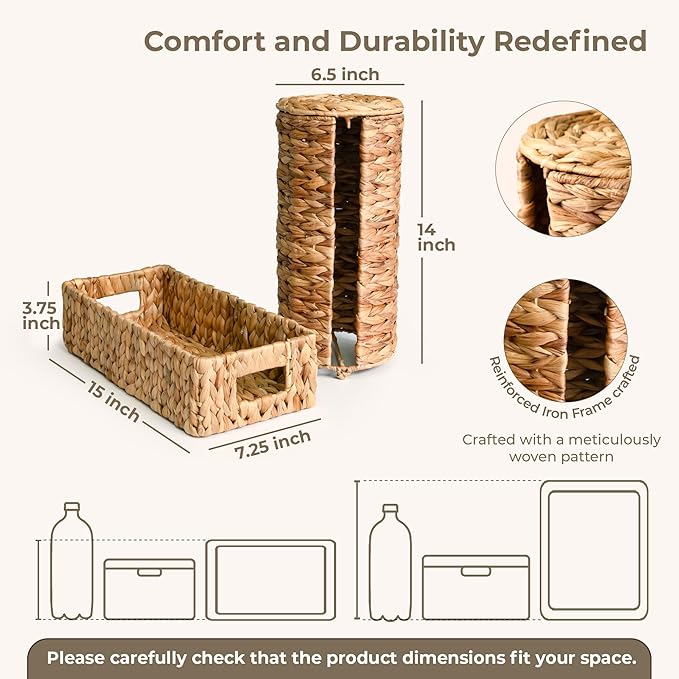 KOKODO Combo Water Hyacinth Tank Topper Storage Baskets - Woven Wicker Basket for Toilet Paper Holder, Baskets for Vanity, Bathroom, Pantry Organizing, or Coffee Table Decor