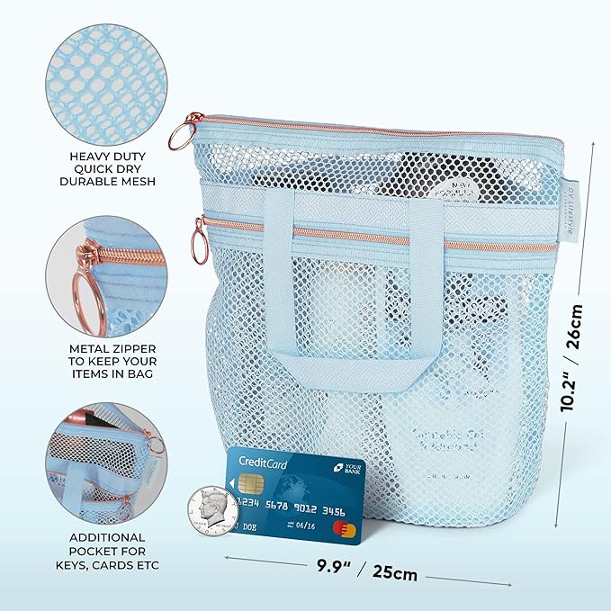 DV Lifestyle Mesh Shower Bag 10.2x9.9'' Quick-Dry Caddy with Zipper & 2 Pockets. Portable Toiletry Tote for Bathroom, Gym, Travel, Camp, Beach, for Sunscreen, Dorm & College Essentials (Blue)