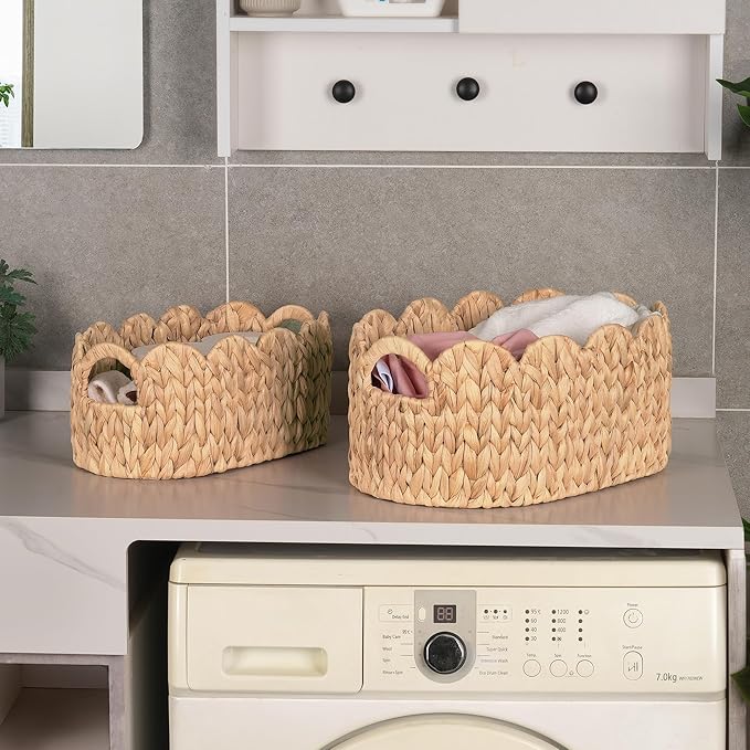 iEGrow Scalloped Wicker Basket, Set of 2 Hand-Woven Natural Rattan Baskets with Built-in Handles, Water Hyacinth Storage Oval Cute Baby Baskets for Nursery, Organizing, Decor and Shelves