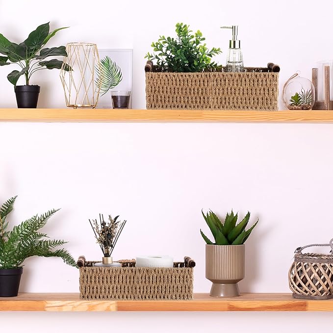Boao 3 Pcs Boho Storage Wicker Baskets Handmade Woven Decorative Paper Rope Baskets for Organizing with Handle Countertop Toilet Paper Storage Container for Toilet Tank Top(Natural Color,Rectangle)