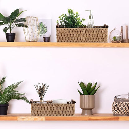 Boao 3 Pcs Boho Storage Wicker Baskets Handmade Woven Decorative Paper Rope Baskets for Organizing with Handle Countertop Toilet Paper Storage Container for Toilet Tank Top(Natural Color,Rectangle)