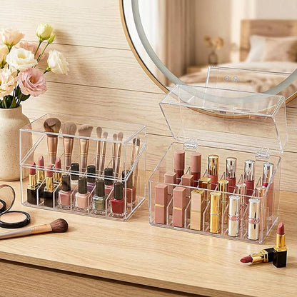 Foraineam 3 Pack Lipstick Holder Organizer with Lid, 18 Spaces Clear Acrylic Lipstick Display Stand Container, Dust-proof Beauty Makeup Storage Case for Cosmetic Dresser Vanity Cabinet Display