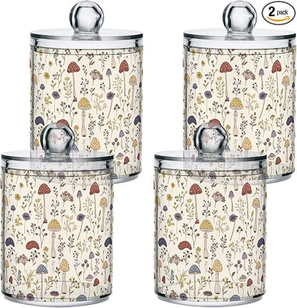 Milk Cow Qtip Holder with Lid 2PCS Apothecary Jars Storage Containers, Clear Plastic Canister for Cotton Swab,Floss Picks, Cosmetics (Mushroom and Flower, one sizex4)
