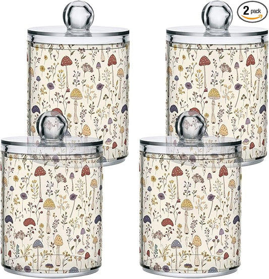Milk Cow Qtip Holder with Lid 2PCS Apothecary Jars Storage Containers, Clear Plastic Canister for Cotton Swab,Floss Picks, Cosmetics (Mushroom and Flower, one sizex4)