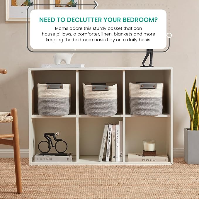 3 Pack Cotton Rope Storage Basket Woven Shelf Storage Bin with Faux Leather Handles, Decorative Closet Shelf Woven Basket for Storage Organizers, 15 x 10 x 9, White/Gray