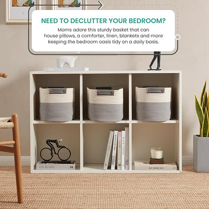 3 Pack Cotton Rope Storage Basket Woven Shelf Storage Bin with Faux Leather Handles, Decorative Closet Shelf Woven Basket for Storage Organizers, 15 x 10 x 9, White/Gray