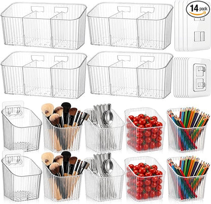 14 Pack Cabinet Door Organizer Adhesive Wall Mount Storage Bins Clear Makeup Containers Stackable Organizer Basket for Kitchen Cabinets, Bathroom, Pantry, Office, Refrigerator, Tabletop