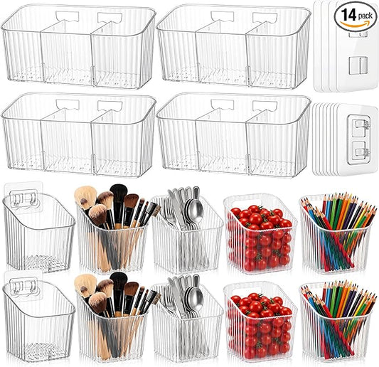 14 Pack Cabinet Door Organizer Adhesive Wall Mount Storage Bins Clear Makeup Containers Stackable Organizer Basket for Kitchen Cabinets, Bathroom, Pantry, Office, Refrigerator, Tabletop