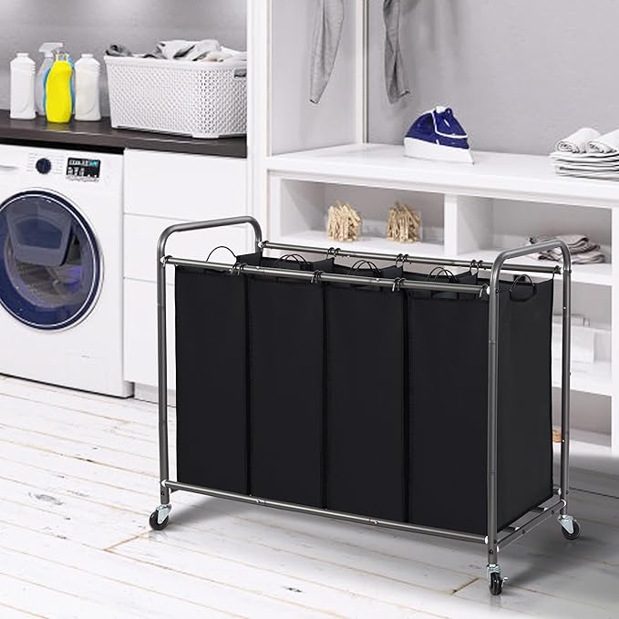 STORAGE MANIAC Laundry Sorter 4 Section, 47.8 Gal (181 L) Laundry Hamper with Wheels, Clothes Divider Basket Sorter, Clothes Separator Hamper Cart with Wheels and Removable Bags, Black