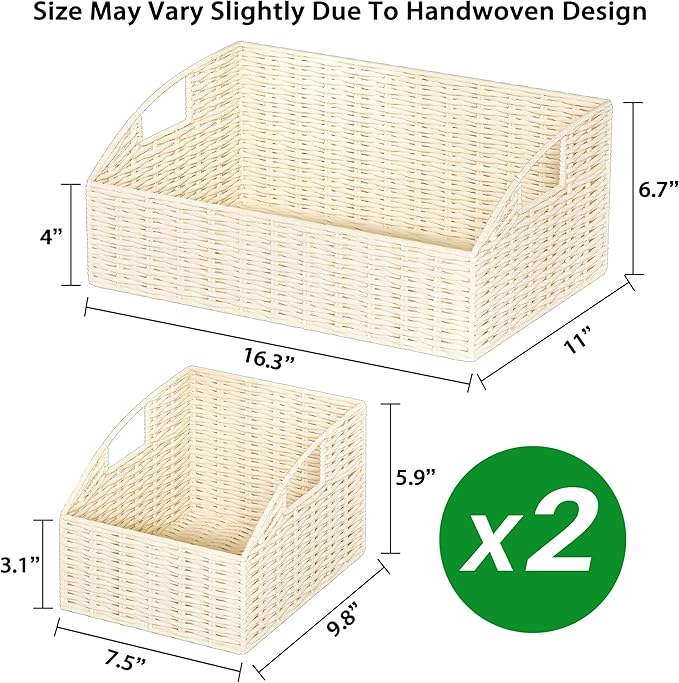 Rattan Storage Baskets, Handwoven Wicker Storage Bins with Built-in Handles, Storage Container Baskets for Shelves, Bedroom, Bathroom, Laundry Room or Kitchen(Beige)