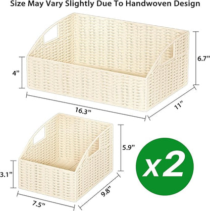Rattan Storage Baskets, Handwoven Wicker Storage Bins with Built-in Handles, Storage Container Baskets for Shelves, Bedroom, Bathroom, Laundry Room or Kitchen(Beige)
