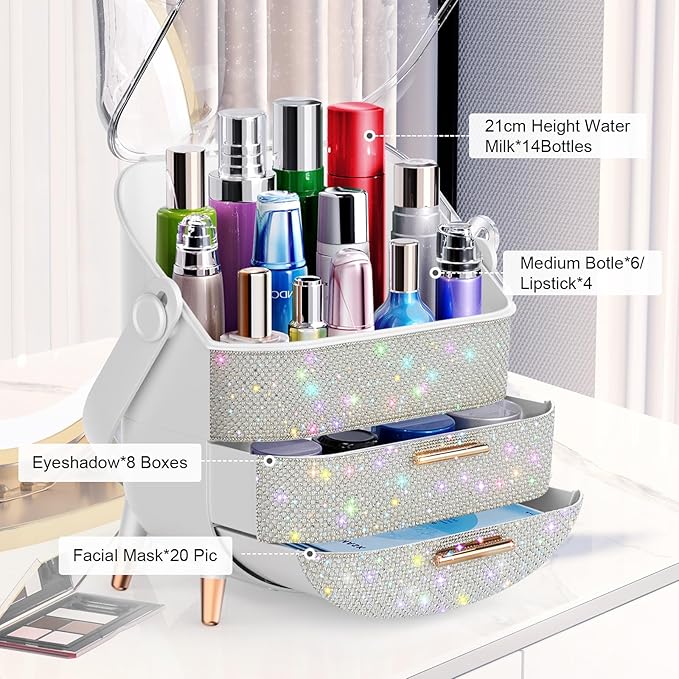 Makeup Organizer For Teen Girl Birthday Gifts, Cosmetic Display Cases with Transparent Cover, Skincare Organizers for Vanity, Perfume Organizer, Lotions Display Case, Lipstick Organizer (Rhinestone)