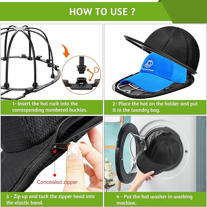 Eiito Hat Washer Cage, Hat Washer for Baseball Caps, Hats Washing Machine with Frame and Washers Bag, Keep the Hats in Shape, Suitable for Adult and Kid's 2 Pack Black