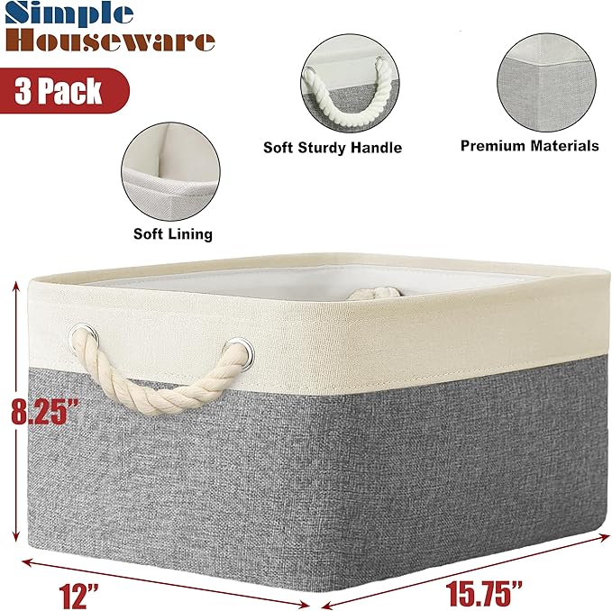 Simple Houseware 15.7" x 12" Wide & Low Fabric Storage Bin for Shallow Gaps and Closet, Braided Handles, 3 Pack, Gray