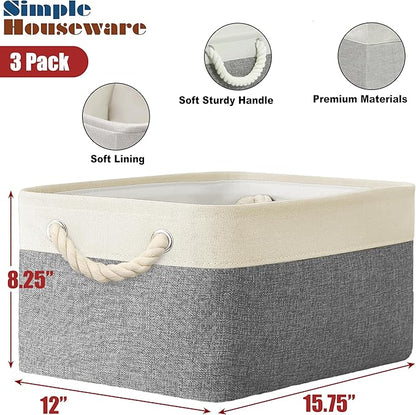Simple Houseware 15.7" x 12" Wide & Low Fabric Storage Bin for Shallow Gaps and Closet, Braided Handles, 3 Pack, Gray