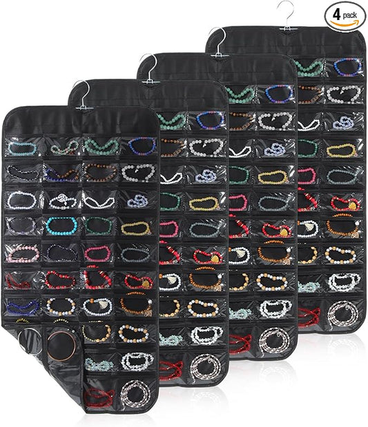 4 Pack Black Hanging Jewelry Storage with 80 Pockets, Double-Sided Closet Jewelry Organizer Hanging for Earrings, Necklaces, Rings, Bracelets