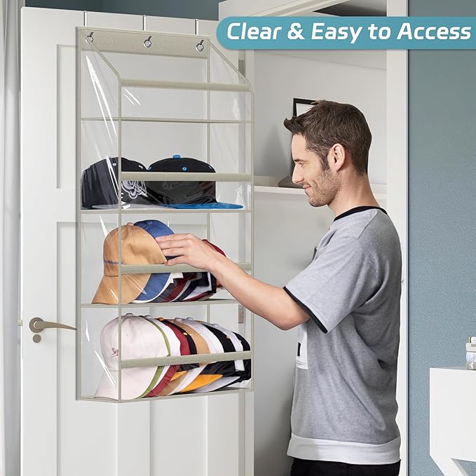 AOODA Clear Over the Door Hat Racks for Baseball Caps, Hold 48 Caps Hat Storage Organizer for Closet Wall, Deep Pockets Hanging Snapback Holder Shelves with 3 Hooks, Grey