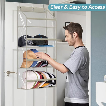 AOODA Clear Over the Door Hat Racks for Baseball Caps, Hold 48 Caps Hat Storage Organizer for Closet Wall, Deep Pockets Hanging Snapback Holder Shelves with 3 Hooks, Grey