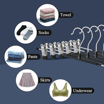 Pants Hangers with Clips 20 Pack 16Inch Adjustable Skirt Hanger for Women Non-Slip Trousers Hanger for Jeans Clothes Hangers for Pants Heavy Duty Space Saving Shorts Hangers,Black