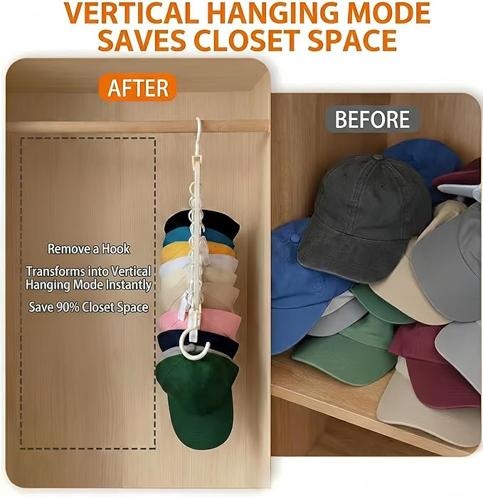 9-Hook Wall Mounted Hat Organizer for Closet Horizontal & Vertical Hat Rack with Clips Space Saving Cap Holder for Baseball Caps & Accessories