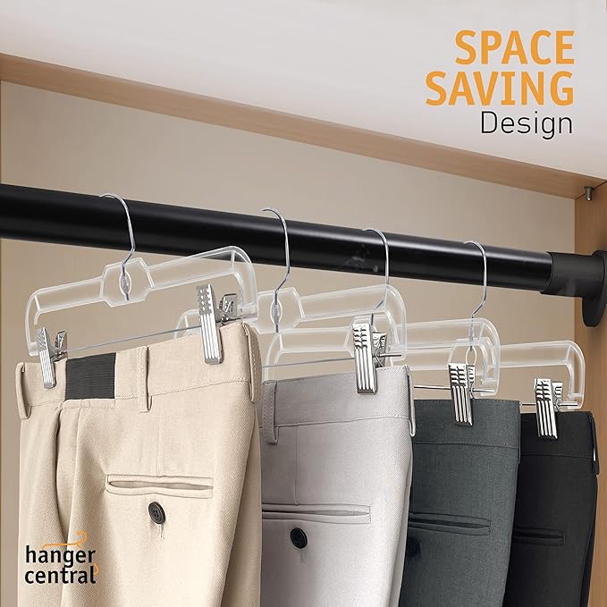 Premium 14 Inch Clear Pants Hangers with Adjustable Clips - 25 Pack Space-Saving Skirt Hangers - Non-Slip Heavy Duty Plastic Closet Organizers with 360° Swivel Hook