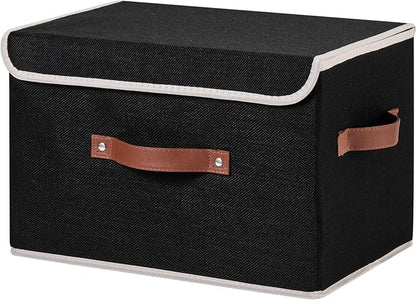 Storage Bins Box with Lids Decorative Cotton Linen Fabric Baskets Cubes with Handles PP Plastic Board Foldable Washable Lidded Clothing Shelf Closet Organizer Container (Black, Large)