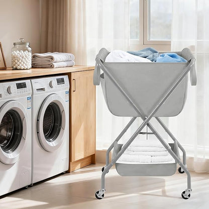 STORAGE MANIAC Collapsible Laundry Cart with Wheels 35.6"H Removable Canvas Bag Rolling Laundry Hamper Clothes Basket with Wheels, Sturdy Steel Frame Folding for Small Narrow Space Easy Storage, Grey