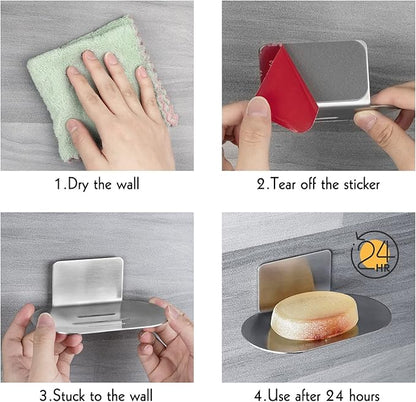 Soap Dish for Shower, 3 Slot Self-Adhesive Soap Holder for Bathroom, Wall Mounted Shower Soap Holder, Stainless Steel Soap Tray (Brushed Silver)